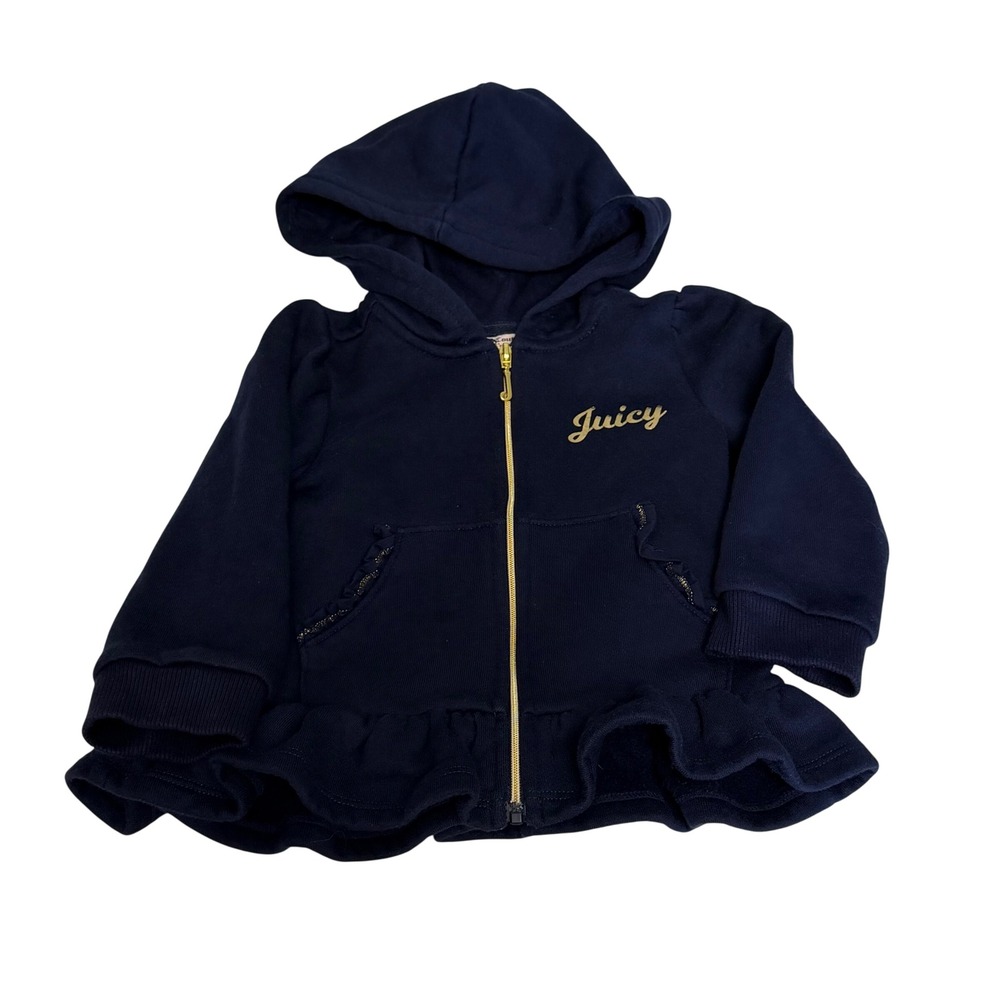 Juicy Couture Baby Girl Navy Blue Ruffle Peplum Full Zip Hoodie 18M Gold Logo